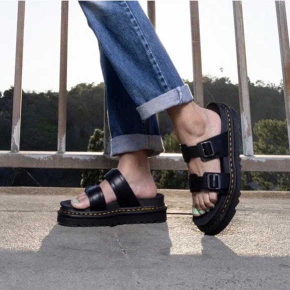 Dr. Martens Shoes - DR MARTENS Myles Black Leather Buckle Slide Soft Sandals Women 12 Men 11